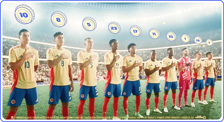 La Selección Colombia cantando el himno, con las tapas y los dorsales de la formación