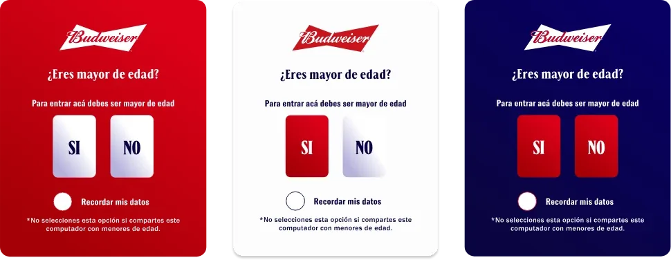 El age gate en sus tres versiones de marca: sobre rojo, sobre blanco y sobre azul
