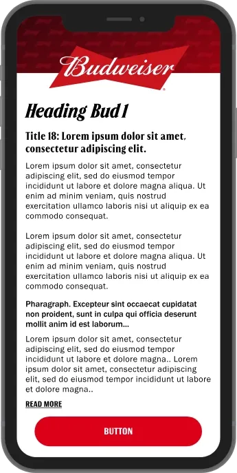 Pantalla de artículo del sitio de Budweiser con el sistema tipográfico aplicado