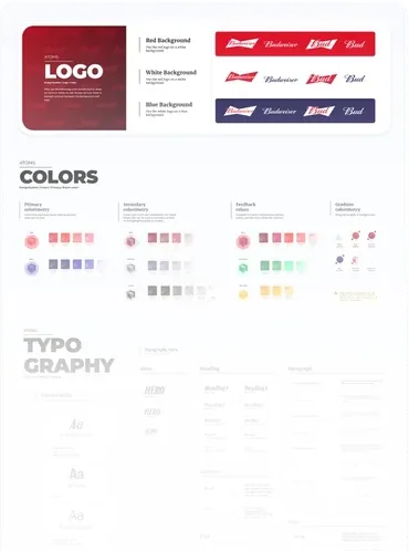 Átomos del sistema: el logotipo con sus fondos permitidos, la paleta de color y la escala tipográfica