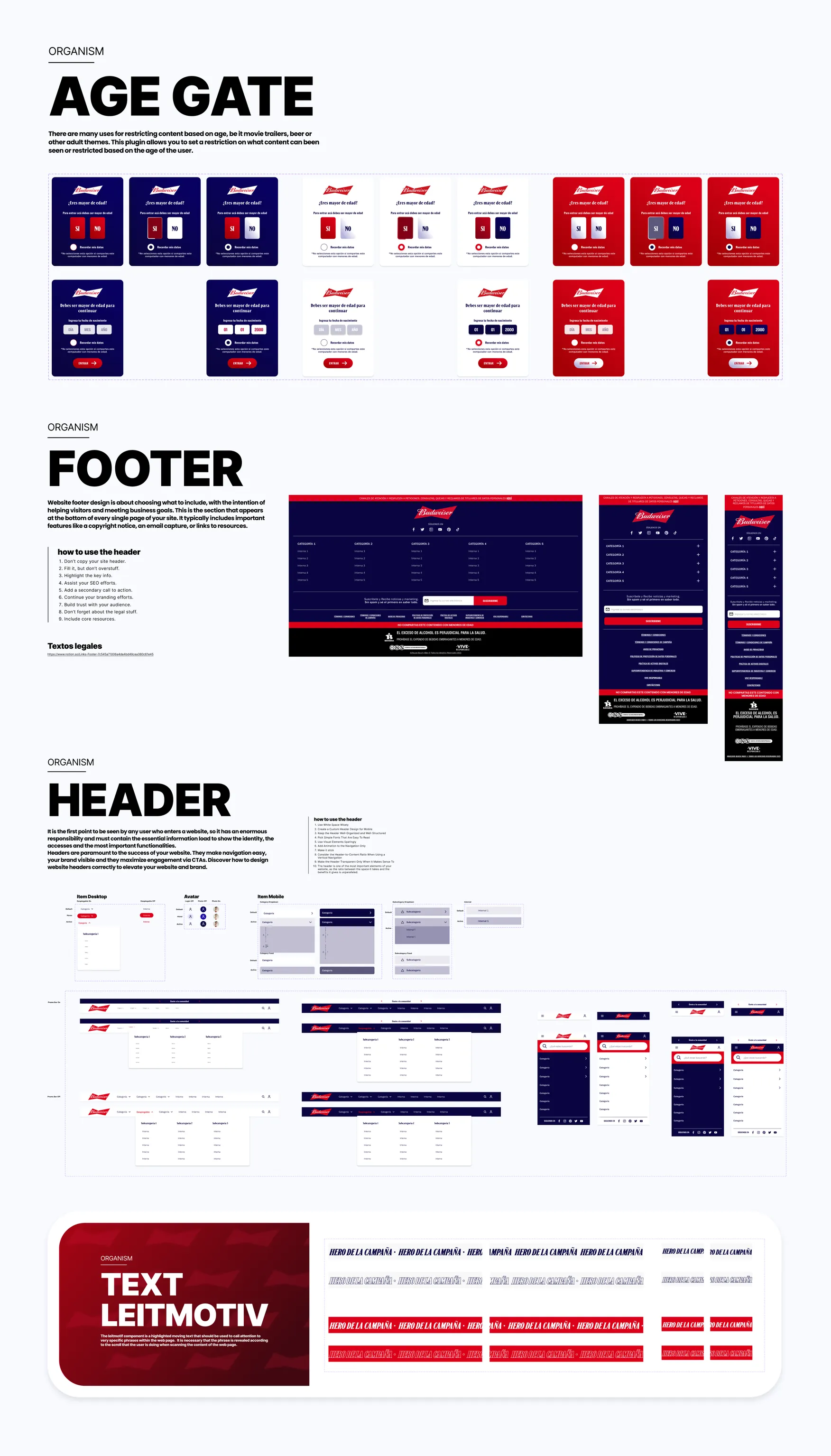 Age gate, footer, header y text leitmotiv documentados con todas sus variantes de escritorio y móvil