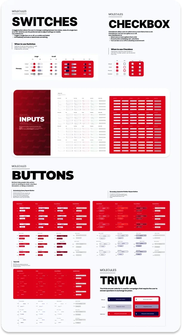 Documentación de Switches, Checkbox, Inputs, Buttons y Trivia con todos sus estados