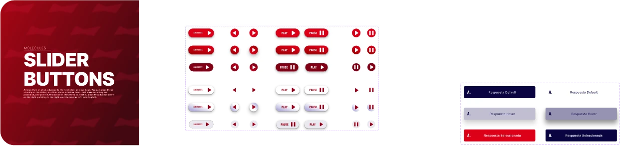 Botones deslizantes y de reproducción en sus estados por defecto, hover y activo, y el selector de respuestas de la trivia