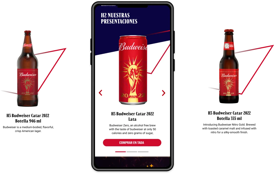 Las tres presentaciones de Budweiser Catar 2022 junto a la vista móvil del hub