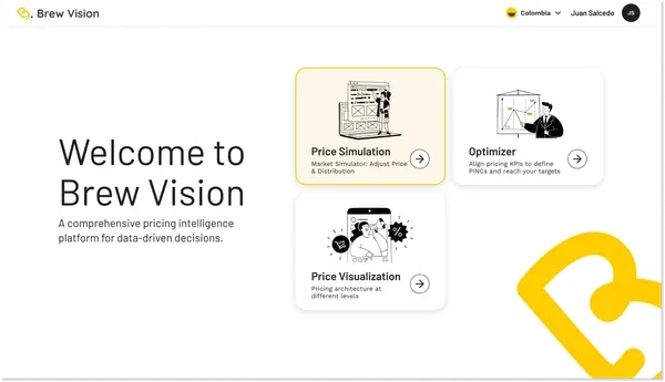 Brew Vision: pantalla de bienvenida con los accesos a Price Simulation, Optimizer y Price Visualization