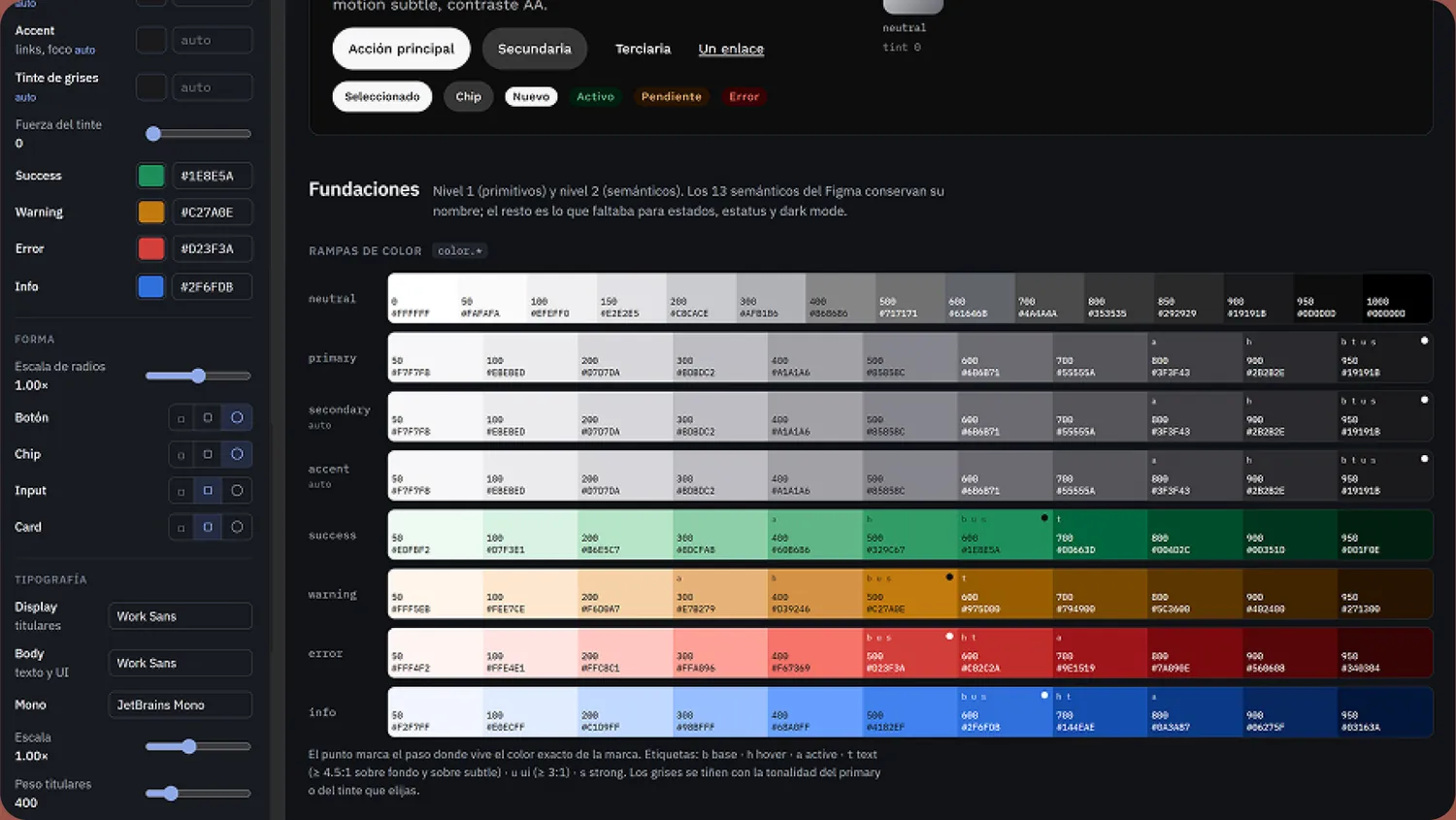 El panel de personalización junto a las rampas de color del sistema: neutral, primario, secundario, acento y los cuatro de estado, cada una del 50 al 950