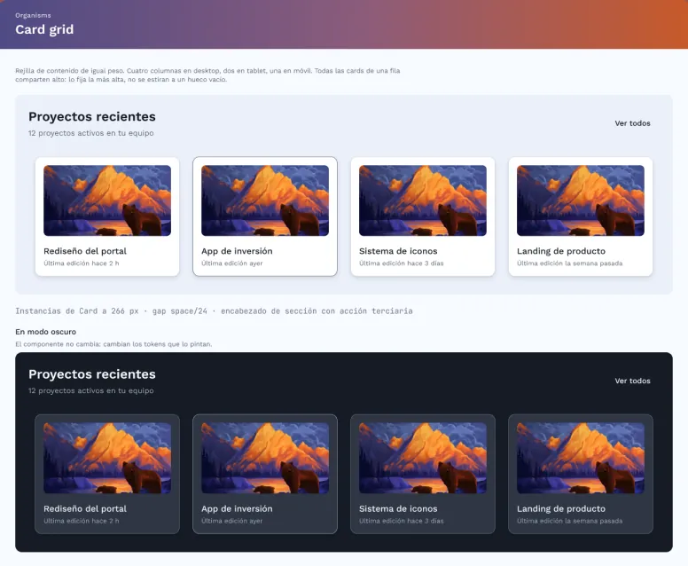 Tablero del organismo Card grid: rejilla de proyectos recientes
