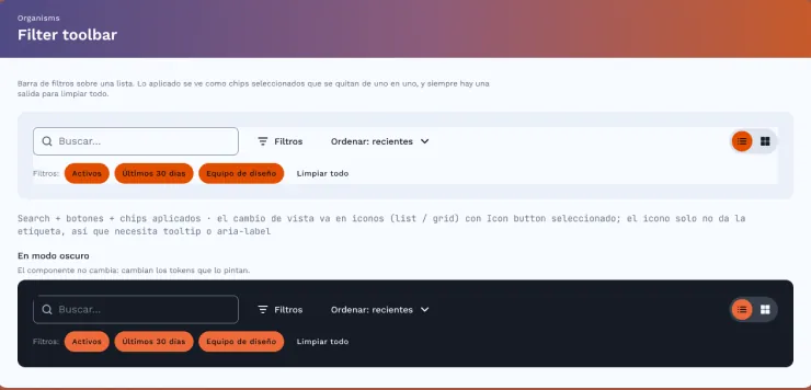Tablero del organismo Filter toolbar