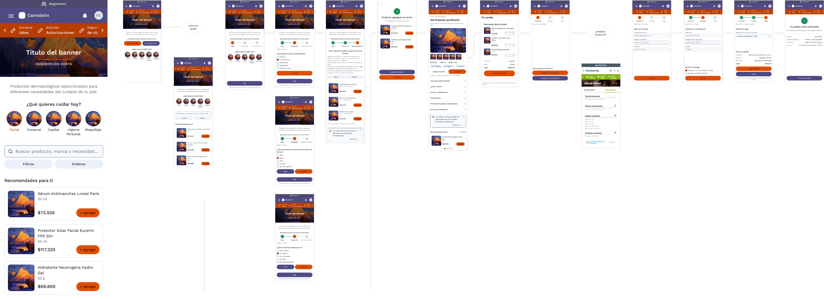 El mismo flujo pintado con Camaleón DS en su piel por defecto, morado y naranja