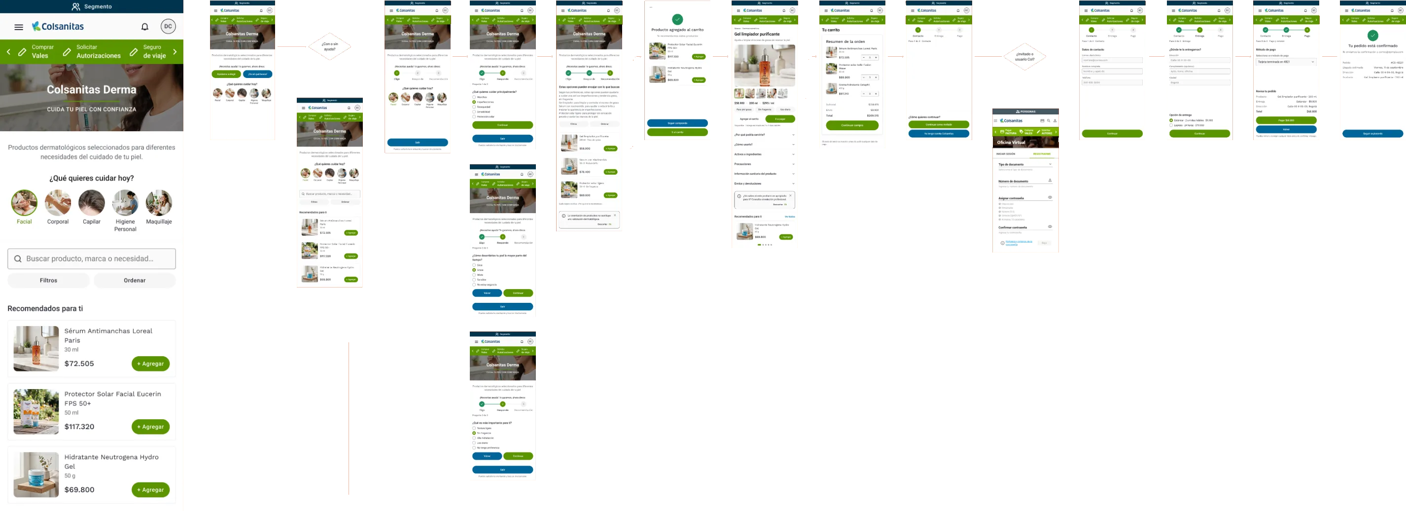 El flujo final con la identidad de la marca de salud: verde, azul y fotografía de producto