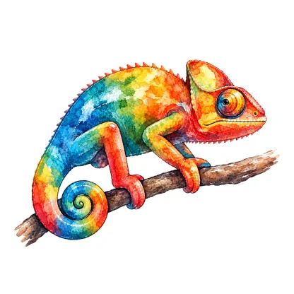 Ilustración en acuarela de un camaleón de colores sobre una rama