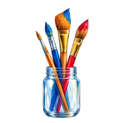 Ilustración en acuarela de un bote con pinceles