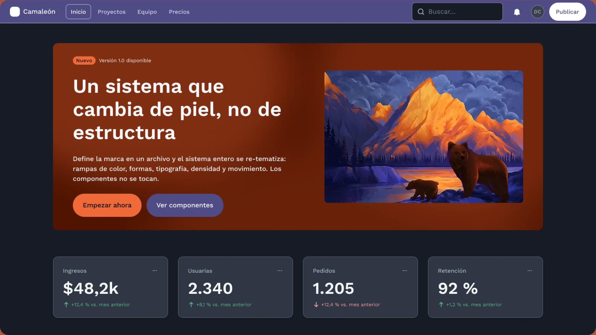 La misma landing en modo oscuro: misma estructura, otros tokens
