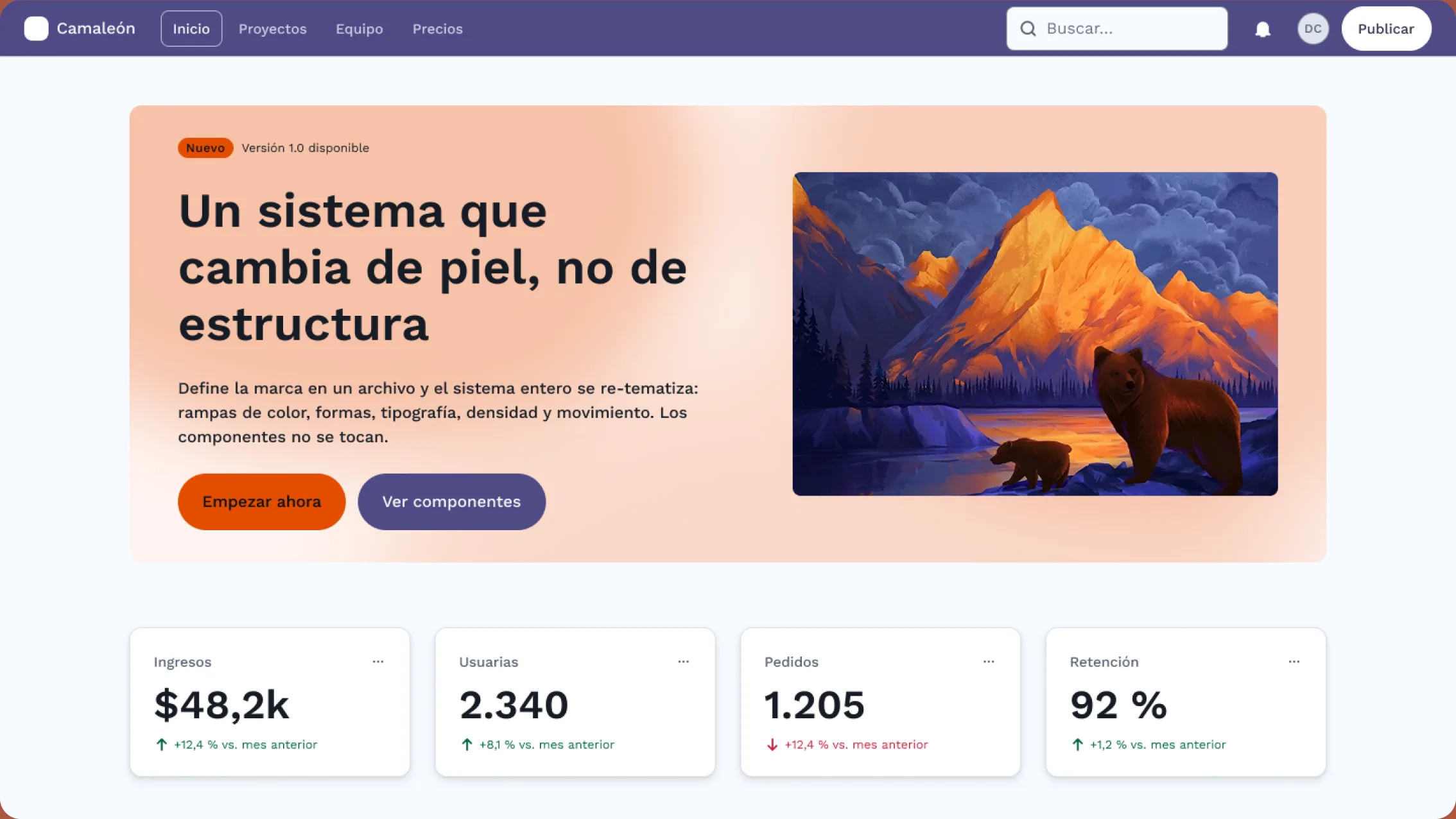 Landing de ejemplo del sistema en modo claro: “Un sistema que cambia de piel, no de estructura”, con su fila de indicadores