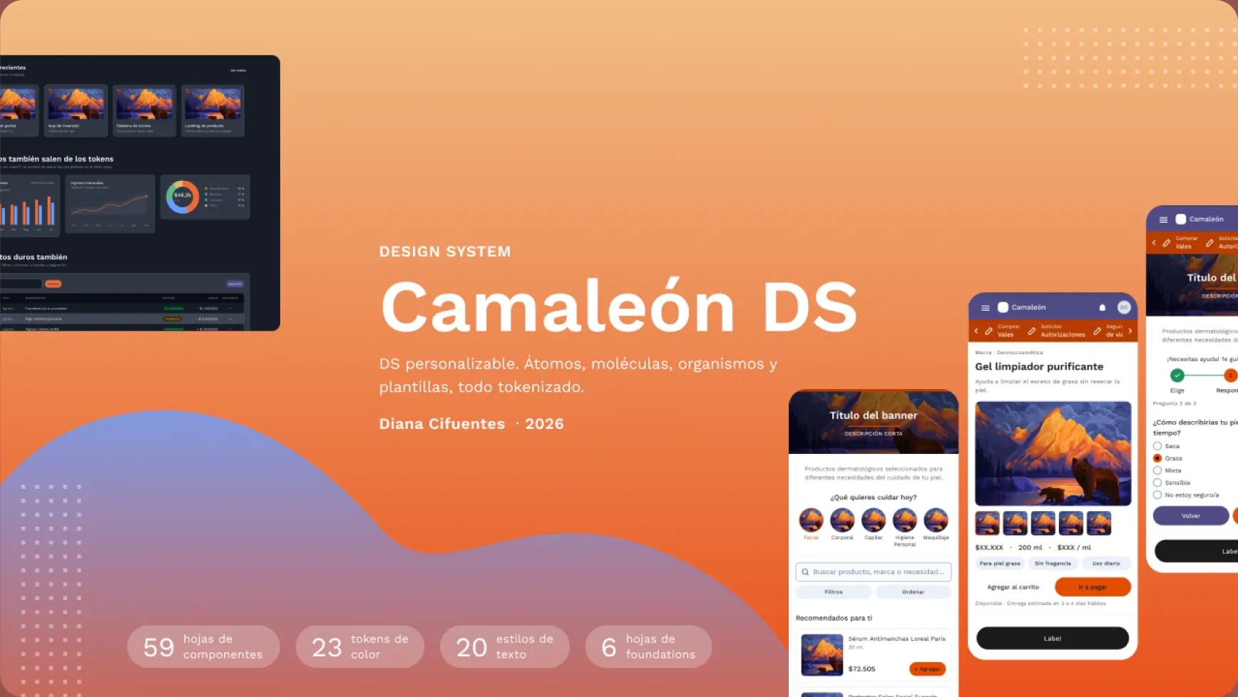 Portada de Camaleón DS: el mismo sistema retematizado en naranja, con 59 hojas de componentes, 23 tokens de color, 20 estilos de texto y 6 hojas de fundaciones