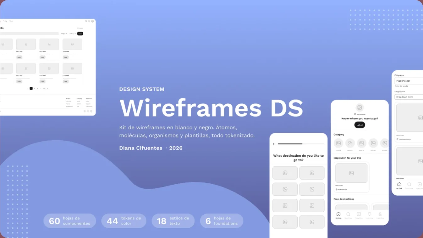 Portada de Wireframes DS: kit de wireframes en blanco y negro, con 60 hojas de componentes, 44 tokens de color, 18 estilos de texto y 6 hojas de fundaciones