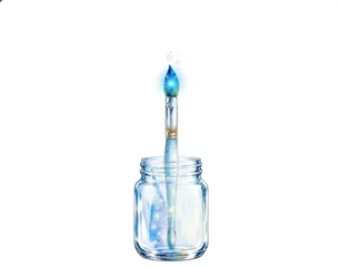 Acuarela de un pincel con la punta encendida dentro de un frasco de cristal