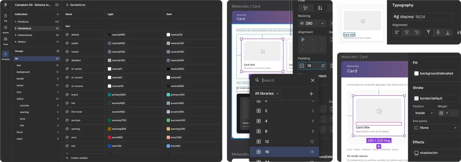 Panel de variables de Figma con las colecciones de tokens en claro y oscuro, junto a dos componentes con sus paneles de medidas y estilos