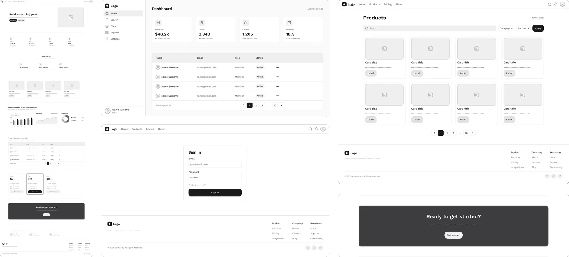 Pantallas de prueba en wireframe: landing, dashboard, listado de productos e inicio de sesión