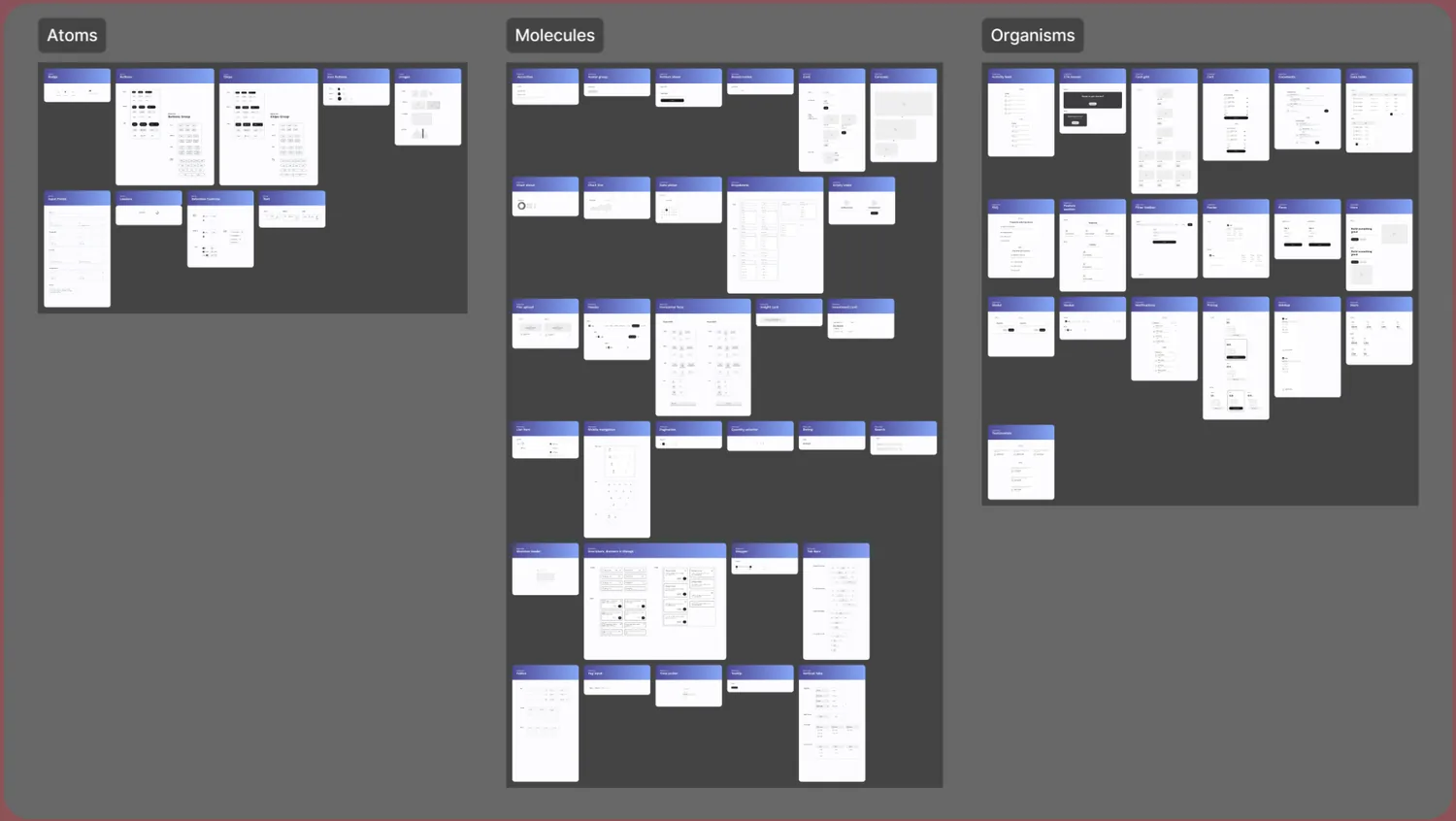 Los tableros de átomos, moléculas y organismos de Wireframes DS durante la auditoría