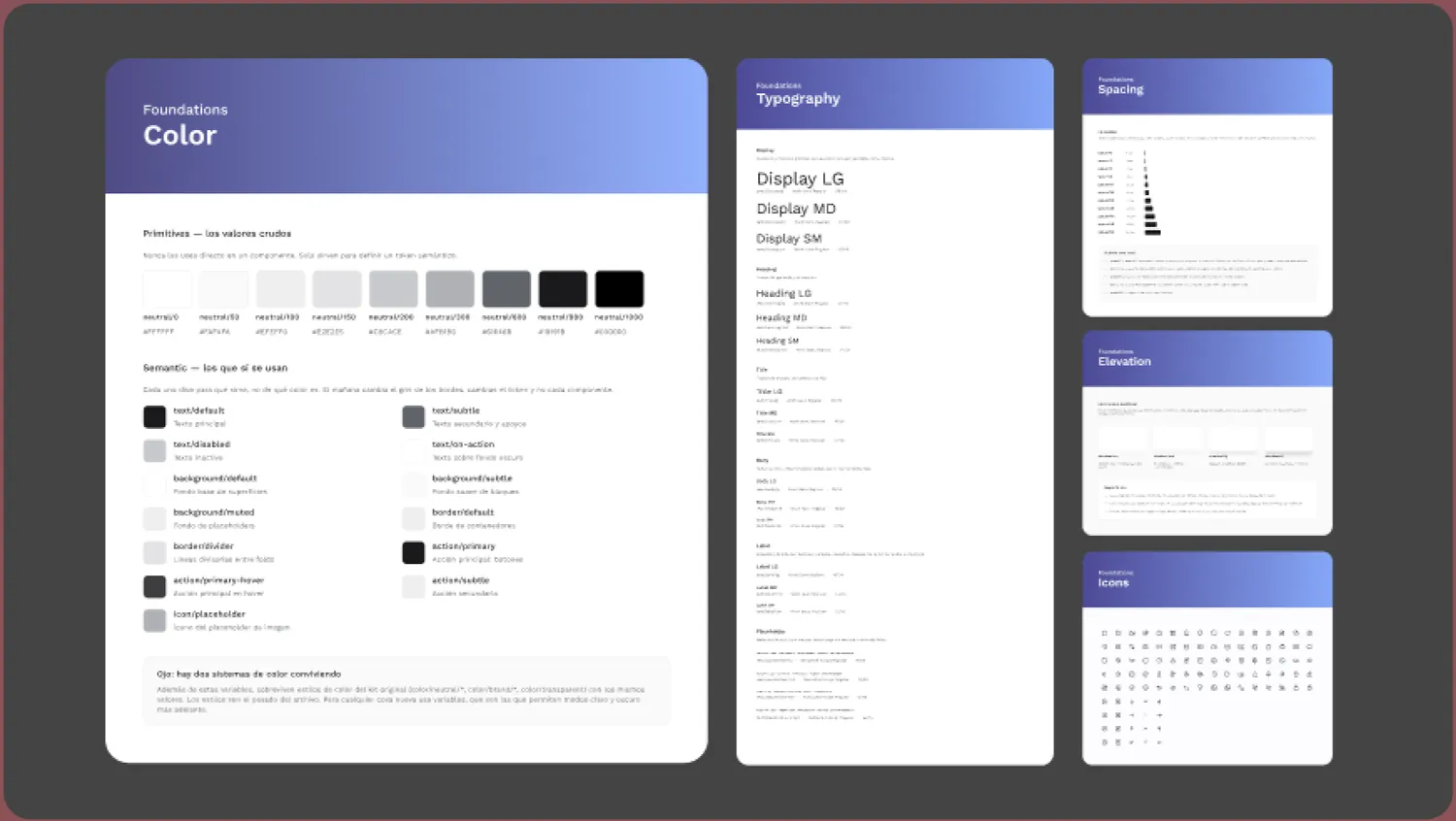 Hojas de fundaciones de Wireframes DS: color, tipografía, espaciado, elevación e iconos
