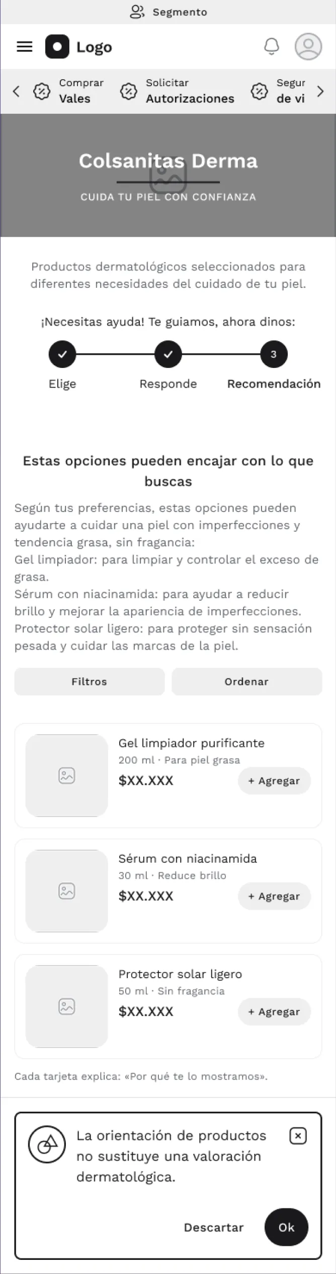 Wireframe del paso guiado: tres pasos, elige, responde y recomendación, con las fichas sugeridas