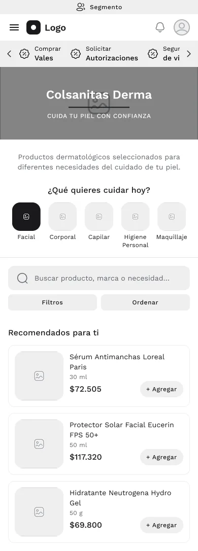 Wireframe de la pantalla de inicio: categorías de cuidado, buscador y productos recomendados