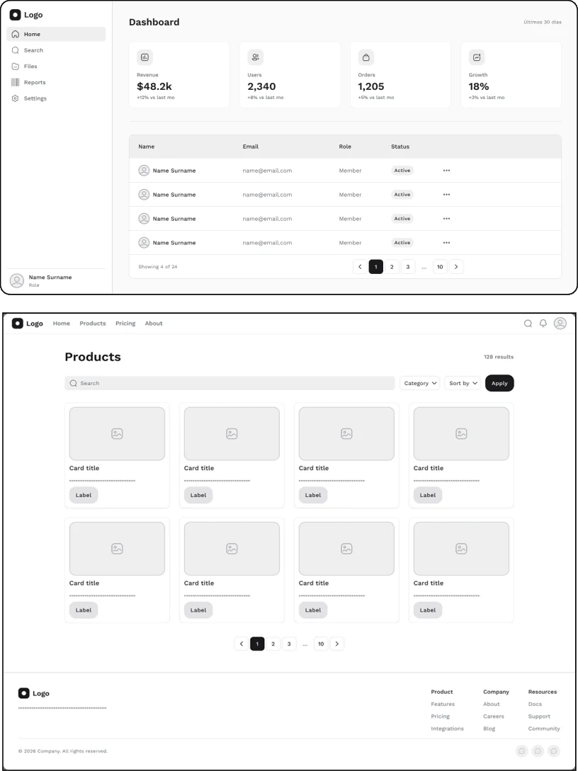 Pantallas de prueba en wireframe: dashboard y listado de productos
