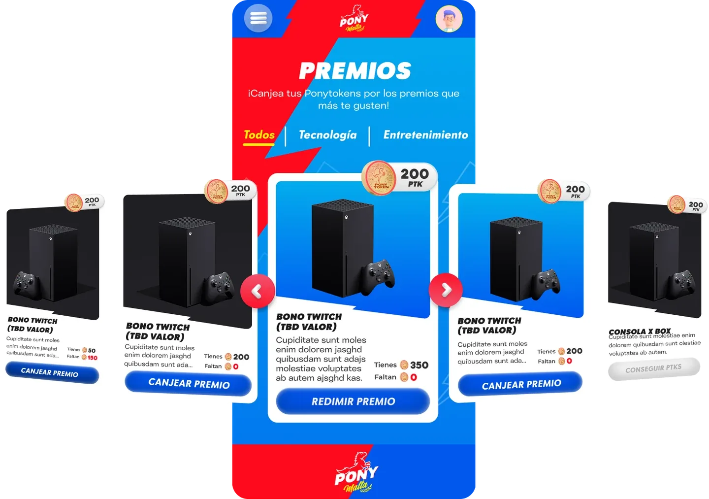 La pantalla de premios rediseñada, con el carrusel de canje y los PonyTokens necesarios