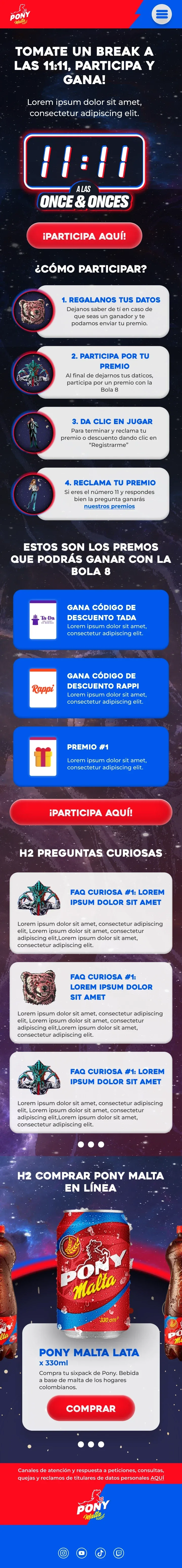 La misma página en móvil, con los pasos de participación uno debajo del otro